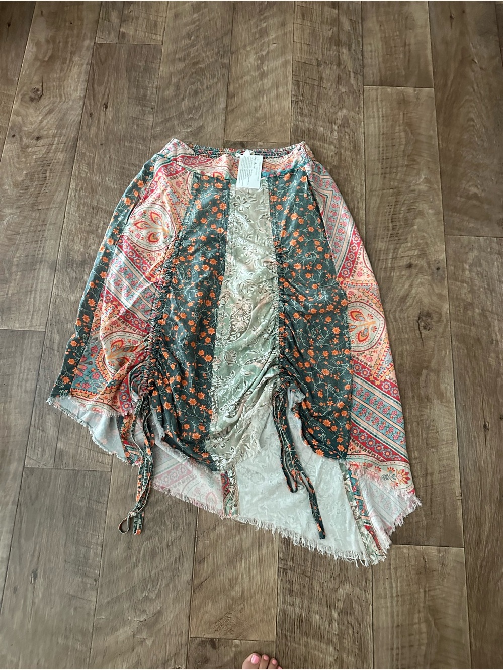 Boho Floral Patchwork Drawstring Midi Skirt - Green Multi